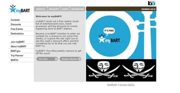 This screen shot taken from myBART.org shows a page from the website after it was hacked by the hacker's group Anonymous on Sunday.
